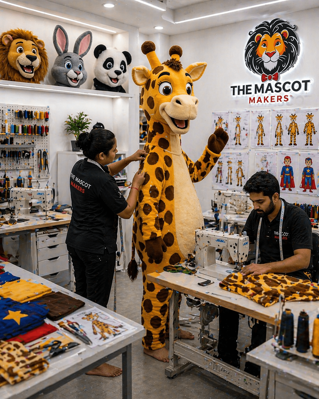Craftsman-made giraffe mascot costume in factory