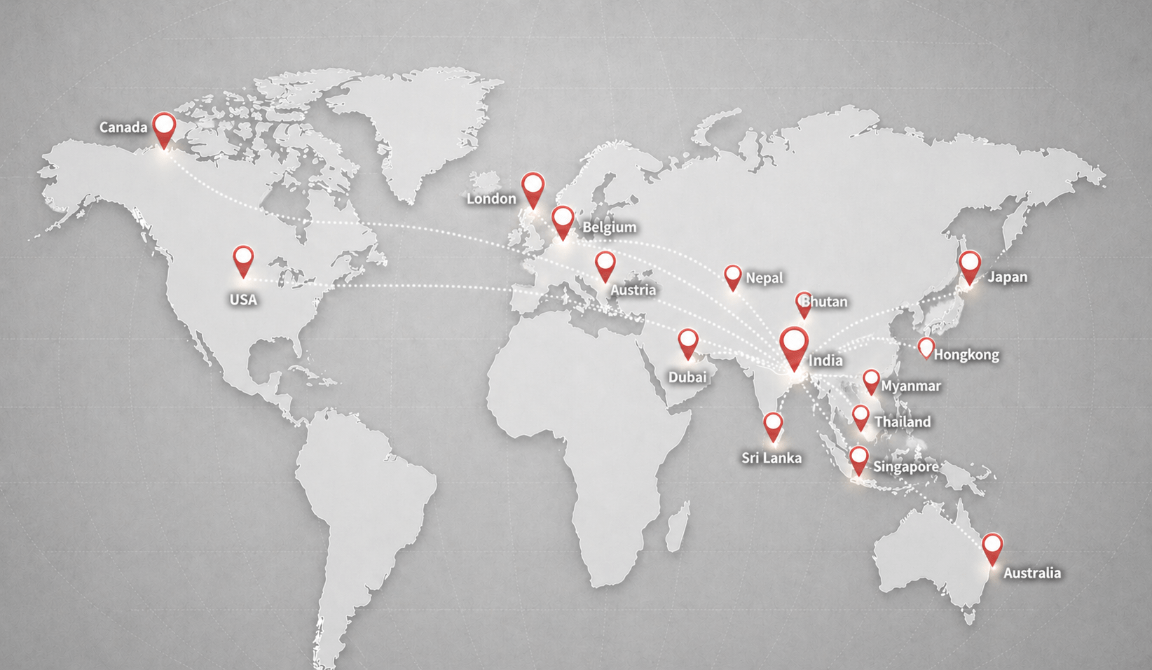 World map showinga international shipping from India