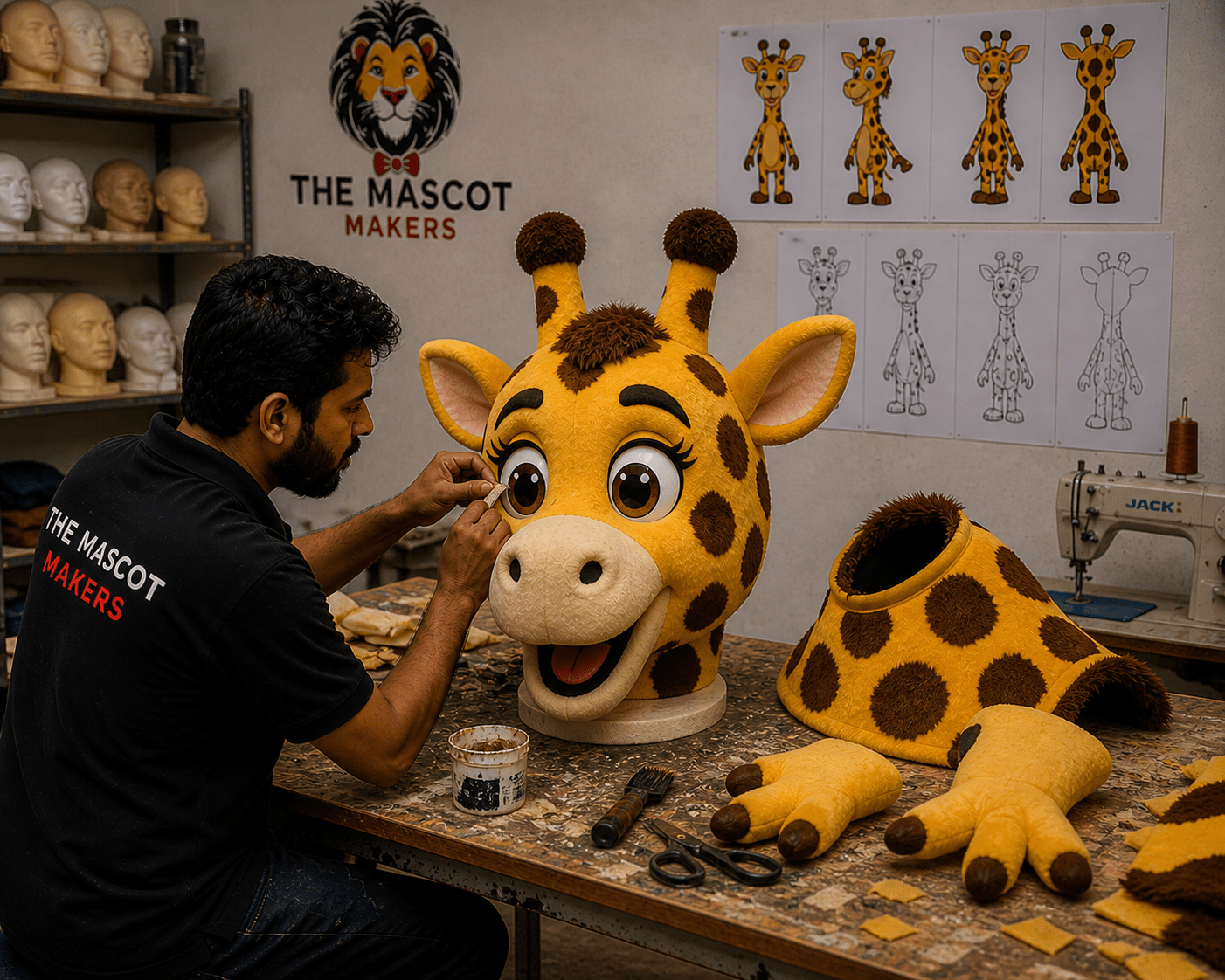 Craftsman-made giraffe mascot costume in factory